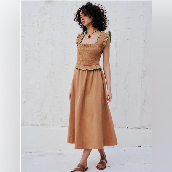 Free People Dresses & Skirts - Free People Tan Midi Dress with Green Trim